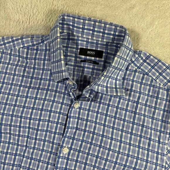 Hugo Boss Shirt Mens 15 - 32/33 Blue‎ Sharp Fit Plaid Button Up L/S Cotton Dress - Picture 1 of 7